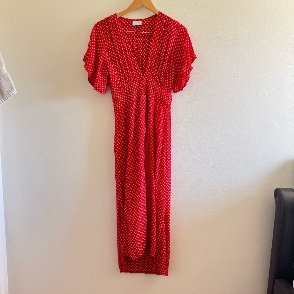 Rue Stiic Red Printed Deep V Neck Font Buttons Midi Cottagecore Dress Size Small